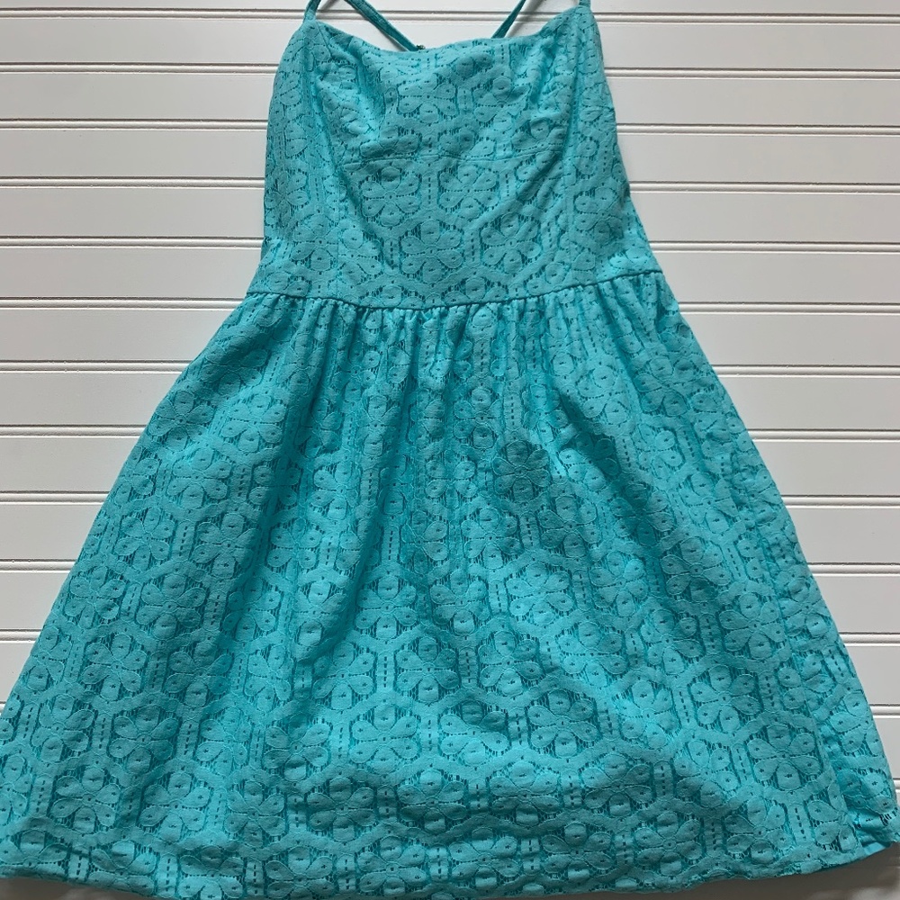 Lilly Pulitzer Elisse Turquoise Blue Fit & Flare Lace Dress, Crisscross Back